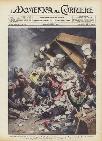 Spektakulärer Einsturz von Keramiken durch den Zusammenbruch eines großen Regals in einer Mailänder Fabrik von Achille Beltrame