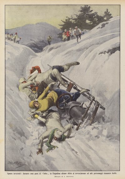 Wintersport, während eines Bobrennens in Engadin kippen einige Schlitten um von Achille Beltrame