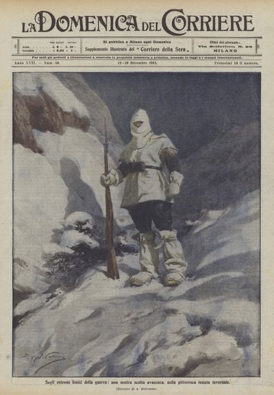 An den äußersten Grenzen des Krieges, ein vorgeschobener Posten unserer Truppen, in malerischer Winterkleidung von Achille Beltrame