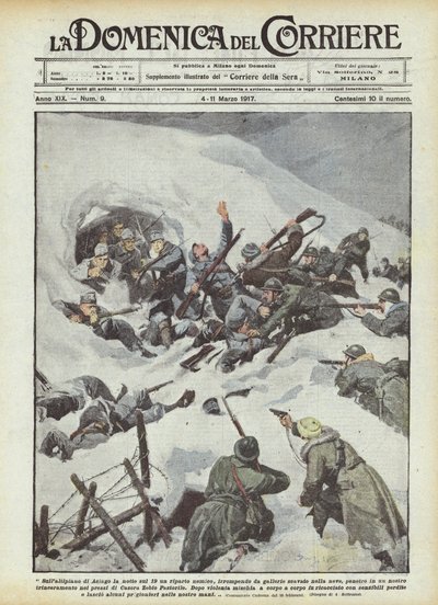 Auf dem Hochplateau von Asiago in der Nacht des 19., ein feindlicher Trupp bricht aus gegrabenen Tunneln hervor... von Achille Beltrame