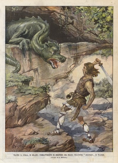 Teatro La Scala, Mailand, Kampf von Siegfried mit dem Drachen in der Oper Siegfried von Wagner von Achille Beltrame