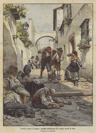 Schreckliche Hungersnot in Spanien, andalusische Bauern fallen vor Hunger erschöpft um von Achille Beltrame