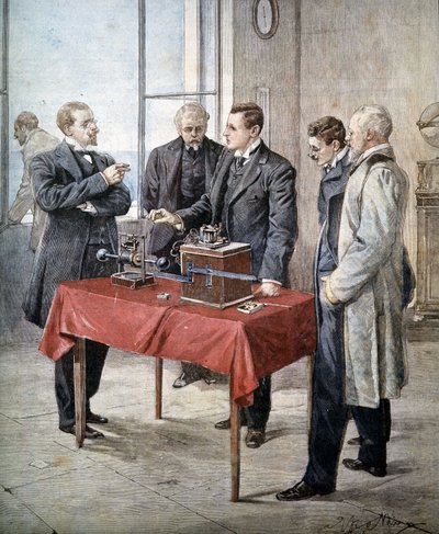 Die Experimente von Guglielmo Marconi (1874 - 1937) im Jahr 1899: Drahtlose Telegrafie über den Kanal. Illustration von Achille Beltrame in „Domenica del Corriere“ von Achille Beltrame
