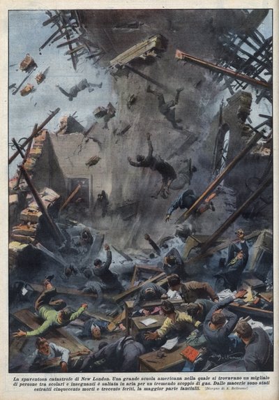Die Tragödie einer Schulexplosion in New London, Texas, verursacht durch ein Gasleck am 18. März. Illustration von Achille Beltrame in „La domenica del Corriere“ vom 04.04.1937. von Achille Beltrame