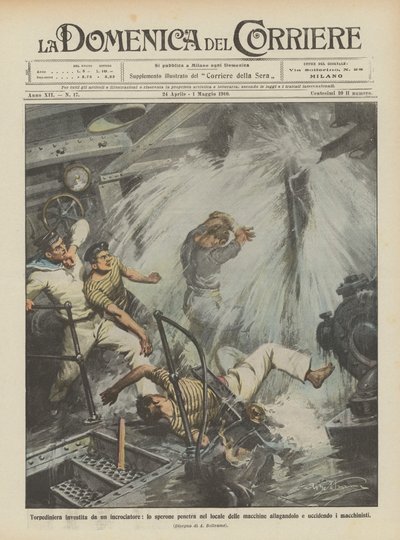 Torpedoboot von einem Kreuzer gerammt, der Sporn dringt in den Maschinenraum ein von Achille Beltrame