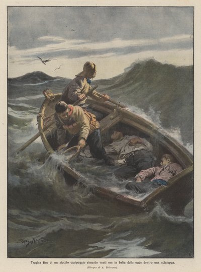 Tragisches Ende einer kleinen Besatzung, die zwanzig Stunden in einem Rettungsboot den Wellen ausgeliefert war von Achille Beltrame