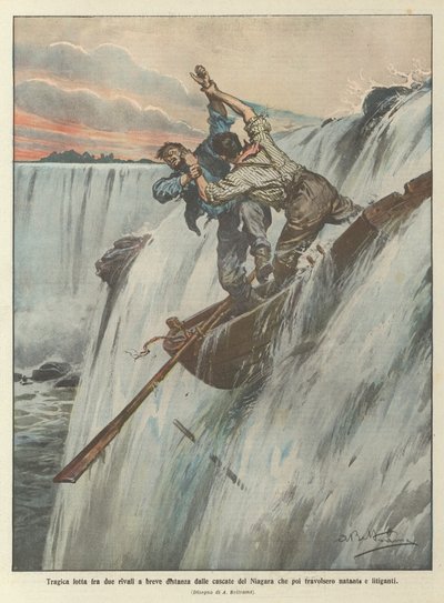 Tragischer Kampf zwischen zwei Rivalen in der Nähe der Niagarafälle, die dann das Boot und die Streitenden mitrissen von Achille Beltrame