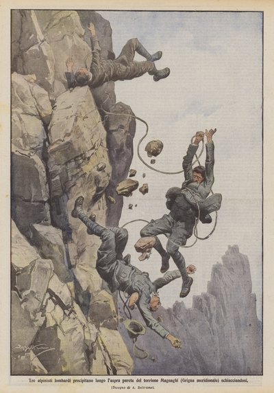 Drei lombardische Bergsteiger stürzen die steile Wand des Torrione Magnaghi (südliche Grigna) hinunter und werden zerquetscht von Achille Beltrame