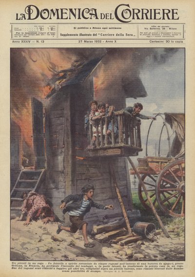 Drei Kinder in einem Feuer von Achille Beltrame