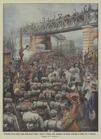 Triumphale Rückkehr der Truppen aus dem libyschen Krieg, Ankunft der Fahne und einiger Soldaten in Mailand von Achille Beltrame