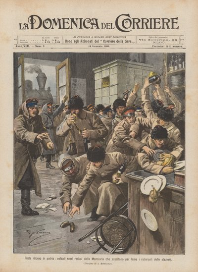 Traurige Rückkehr in die Heimat, russische Soldaten, die aus der Mandschurei zurückkehren und vor Hunger die Bahnhofsrestaurants stürmen von Achille Beltrame