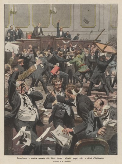 Tumultartige und komische Szene im böhmischen Landtag, Ohrfeigen, Schläge, Tritte und Tintenströme von Achille Beltrame