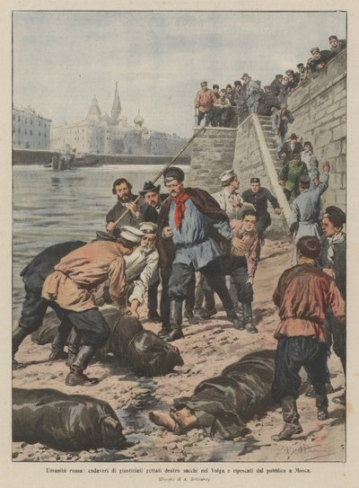 Russische Menschlichkeit, Leichen von Hingerichteten in Säcken in die Wolga geworfen und von der Öffentlichkeit in Moskau geborgen von Achille Beltrame