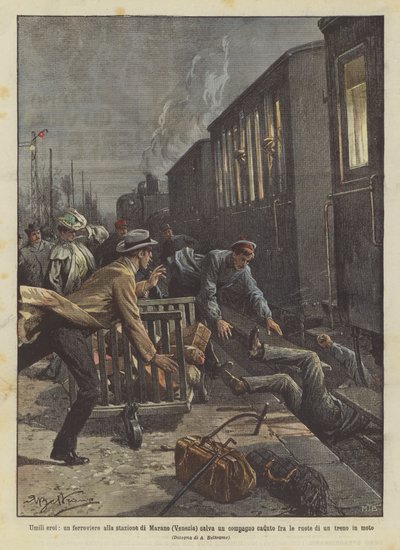 Bescheidene Helden, ein Eisenbahner am Bahnhof von Marano (Venedig) rettet einen Kollegen, der zwischen die Räder gefallen ist von Achille Beltrame