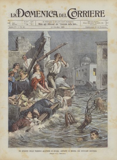 Eine Episode der schrecklichen Überschwemmungen in Sizilien, Bewohner von Modica rufen um Hilfe von Achille Beltrame