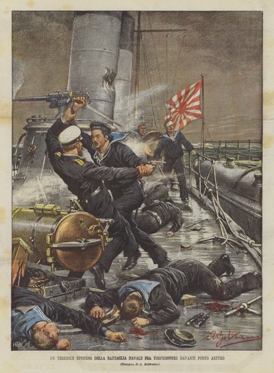 Ein schrecklicher Vorfall in der Seeschlacht zwischen Torpedobooten vor Port Arthur von Achille Beltrame