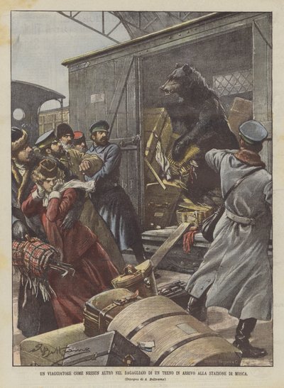 Ein Reisender wie kein anderer im Gepäckwagen eines Zuges, der am Moskauer Bahnhof ankommt von Achille Beltrame