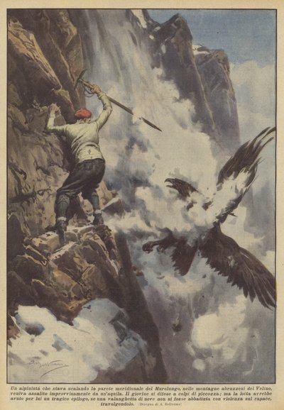 Ein Bergsteiger, der die Südwand des Murolungo in den Abruzzen erklomm... von Achille Beltrame