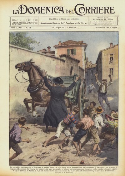 Ein durchgehendes Pferd raste durch ein Dorf in der Bergamasca und bedrohte von Achille Beltrame
