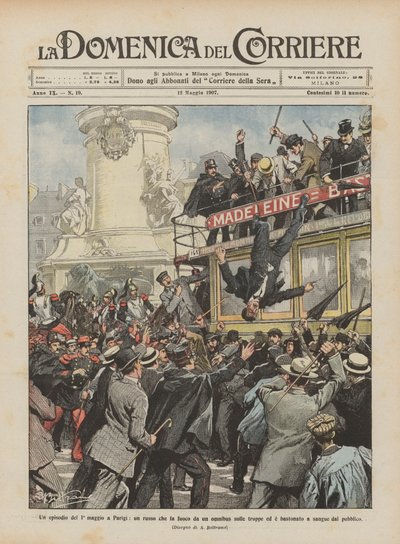 Ein Vorfall am 1. Mai in Paris, ein Russe schießt von einem Omnibus auf die Truppen von Achille Beltrame