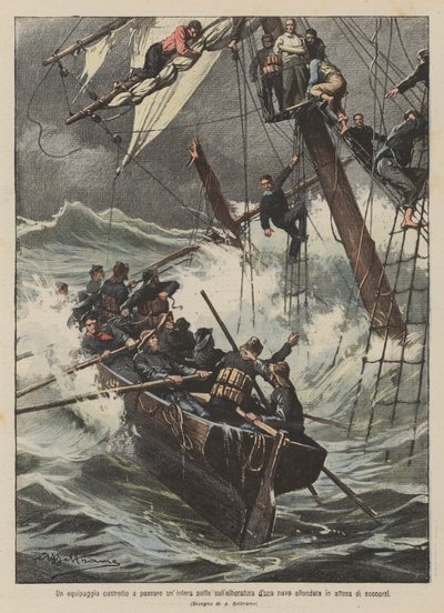 Eine Besatzung gezwungen, eine ganze Nacht auf dem Mast eines gesunkenen Schiffes auf Rettung zu warten von Achille Beltrame