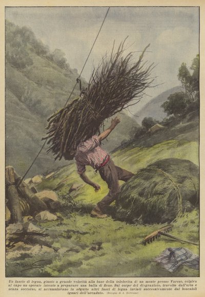Ein Bündel Holz, das mit hoher Geschwindigkeit an der Basis der Seilbahn eines Berges bei Varese ankam? von Achille Beltrame