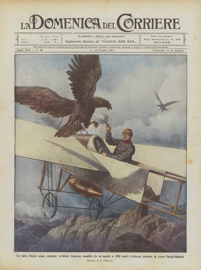 Ein bisher beispielloser Vorfall, französischer Flieger von einem Adler in 2000 Metern Höhe angegriffen von Achille Beltrame
