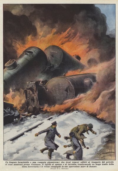 Ein gewaltiger Lärm und eine riesige Flamme, zwei rumänische Züge, die für den Transport von von Achille Beltrame