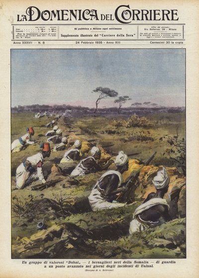 Eine Gruppe tapferer Dubat, die schwarzen Bersaglieri von Somalia, bewachen einen vorgeschobenen Posten von Achille Beltrame