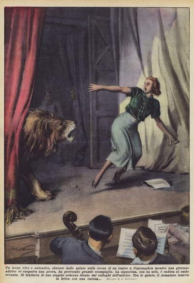 Ein echter lebender Löwe tauchte auf der Bühne eines Theaters in Kopenhagen auf von Achille Beltrame