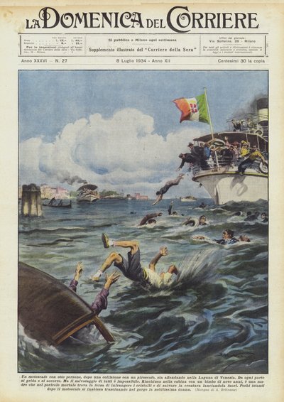 Ein Motorboot mit acht Personen, nach einer Kollision mit einem Dampfer, sinkt in der Lagune von Venedig von Achille Beltrame
