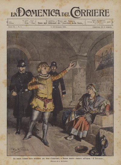 Ein italienischer Tenor wird in Boston während der Aufführung von Il Trovatore wegen Launen von Impresarios verhaftet von Achille Beltrame