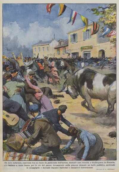 Ein wütender Stier sprang über die Barriere der Arena während einer Corrida von Achille Beltrame