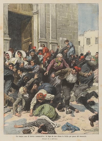 Ein tragischer Fall von Massenpanik, die Flucht aus einer Kirche in Sizilien aus Angst vor einem Erdbeben von Achille Beltrame