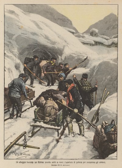 Ein französisches Dorf in den Pyrenäen unter Schnee begraben, das Graben von Tunneln zur Rettung der Bewohner von Achille Beltrame