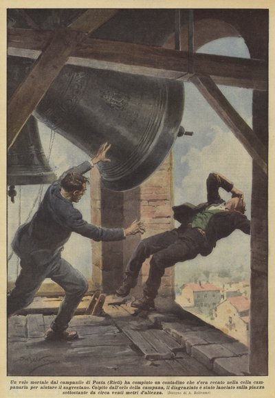 Ein tödlicher Sturz vom Glockenturm in Posta (Rieti) wurde von einem Bauern vollzogen von Achille Beltrame