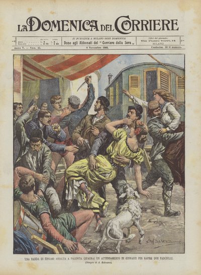 Eine Bande von Zigeunern greift in Palencia (Spanien) ein Lager von Turnern an, um zwei Mädchen zu entführen von Achille Beltrame