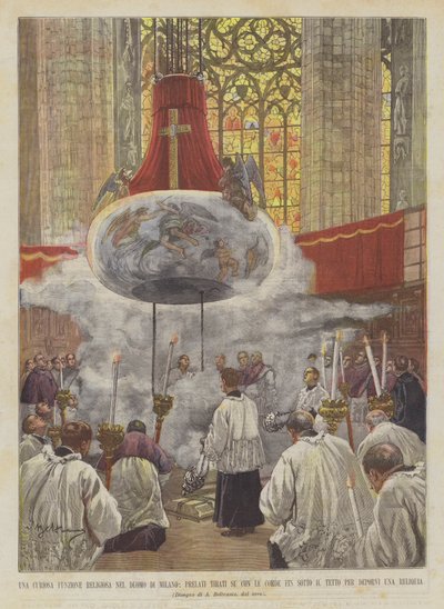 Eine kuriose religiöse Zeremonie im Mailänder Dom, Prälaten werden mit Seilen hochgezogen von Achille Beltrame