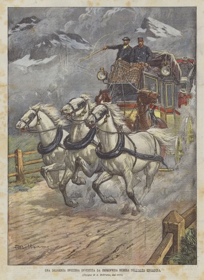 Eine Schweizer Kutsche wird von einem plötzlichen Sturm in der Oberengadin erfasst von Achille Beltrame