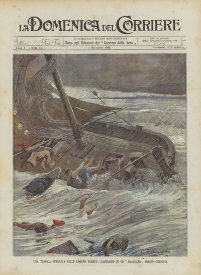 Ein tragischer Sturm in der venezianischen Lagune, Schiffbruch eines Bragozzo bei Chioggia von Achille Beltrame