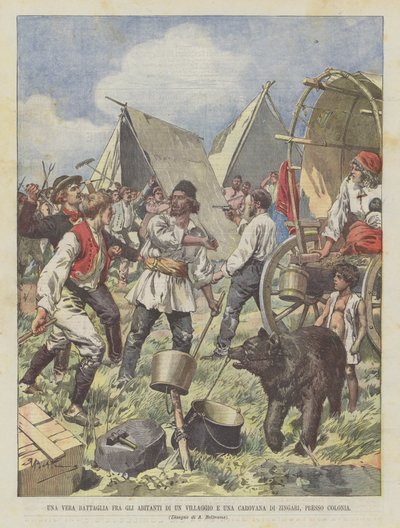Eine echte Schlacht zwischen den Bewohnern eines Dorfes und einer Karawane von Zigeunern bei Köln von Achille Beltrame