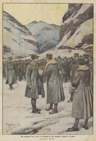 Eine Zeremonie im Schnee, die Verleihung von zwei Silbermedaillen für Tapferkeit von Achille Beltrame
