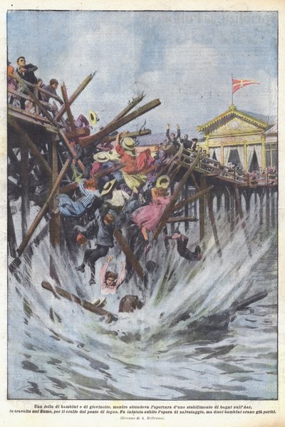 Eine Menge von Kindern und jungen Mädchen, die auf die Eröffnung eines Badebetriebs warteten von Achille Beltrame