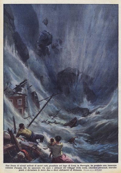 Ein Erdrutsch von mehreren Millionen Kubikmetern, der in den Loen-See in Norwegen stürzte, verursachte eine ? von Achille Beltrame