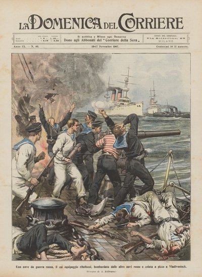 Ein russisches Kriegsschiff, dessen Besatzung meuterte, wurde von anderen russischen Schiffen bombardiert und versenkt von Achille Beltrame
