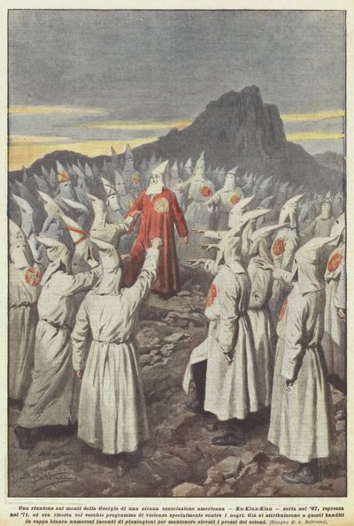 Ein Treffen in den Bergen von Georgia einer seltsamen amerikanischen Vereinigung, Ku-Klux-Klan von Achille Beltrame
