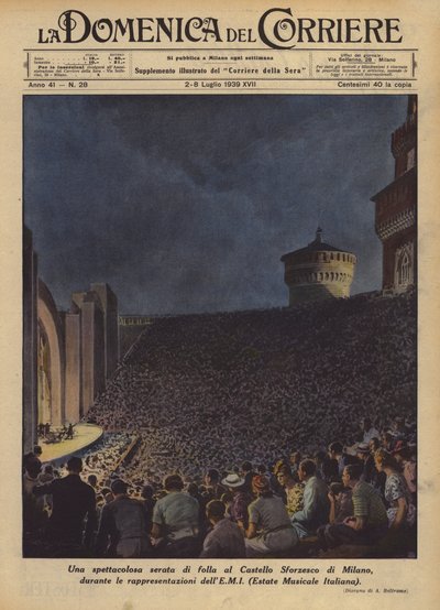 Eine spektakuläre Abendveranstaltung im Castello Sforzesco in Mailand während der Aufführungen? von Achille Beltrame