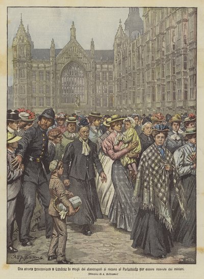 Eine seltsame Prozession in London, die Frauen der Arbeitslosen gehen zum Parlament, um von den Ministern empfangen zu werden von Achille Beltrame
