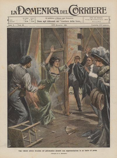 Eine talentierte Schauspielerin auf der Bühne während einer Aufführung in einem Theater verbrannt von Achille Beltrame