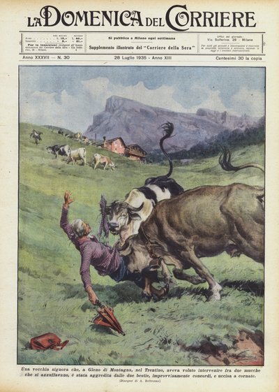 Eine alte Dame, die in Gleno di Montagna, Trentino, zwischen zwei... von Achille Beltrame